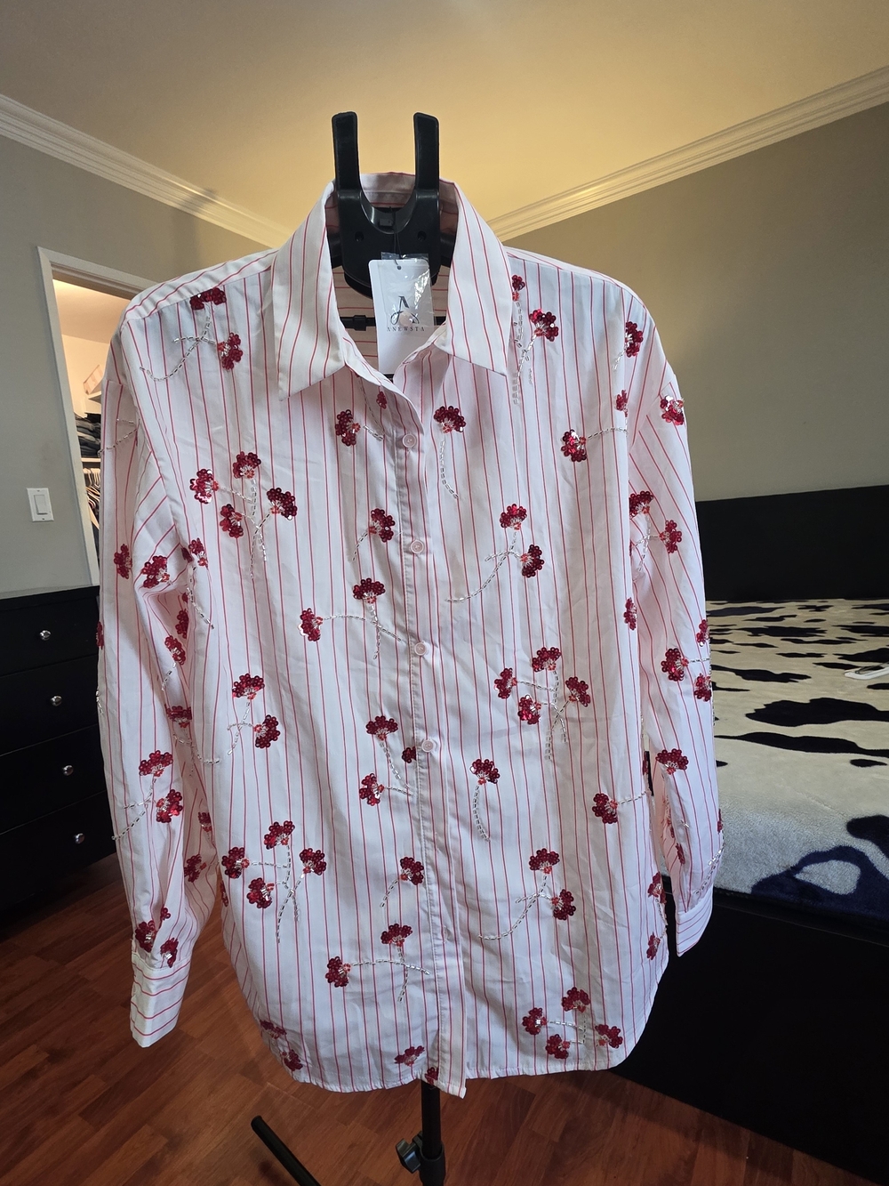Pink Striped Button-Up Blouse with Red Floral Embroidery